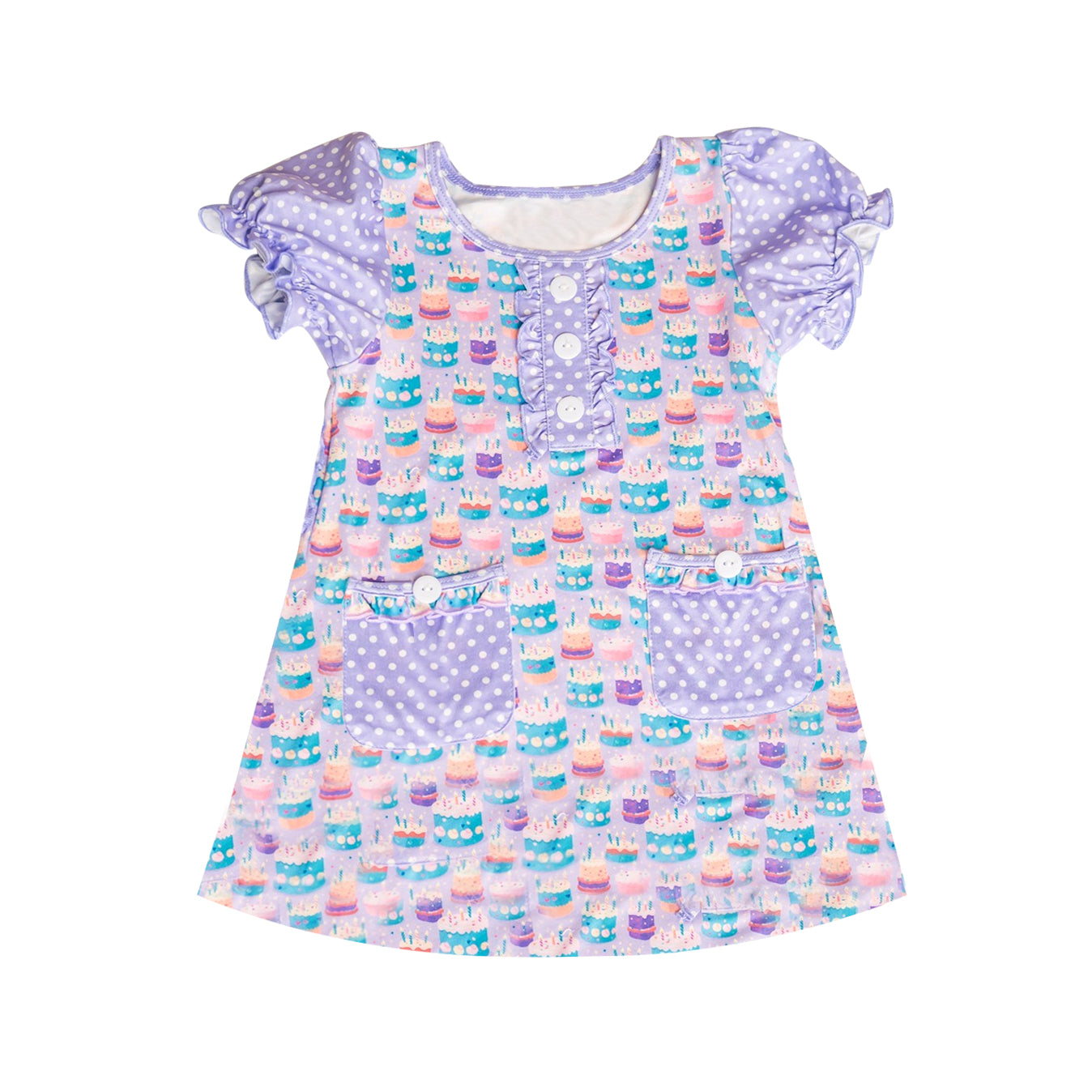 Baby Girls Lavender Polka Dots Birthday Cakes Button Pockets Knee Length Dress Preorder