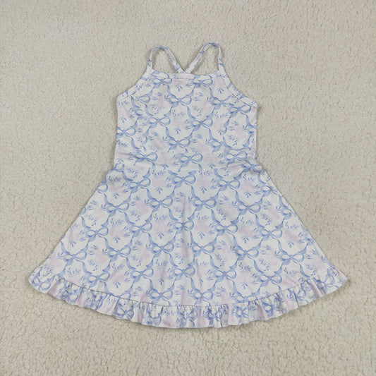 Baby Girls Strap Blue Bows Floral Yoga Ruffle Athletic Dresses