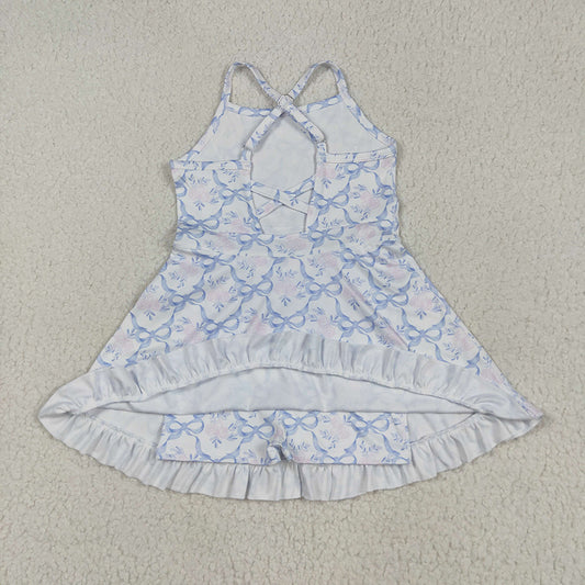 Baby Girls Strap Blue Bows Floral Yoga Ruffle Athletic Dresses