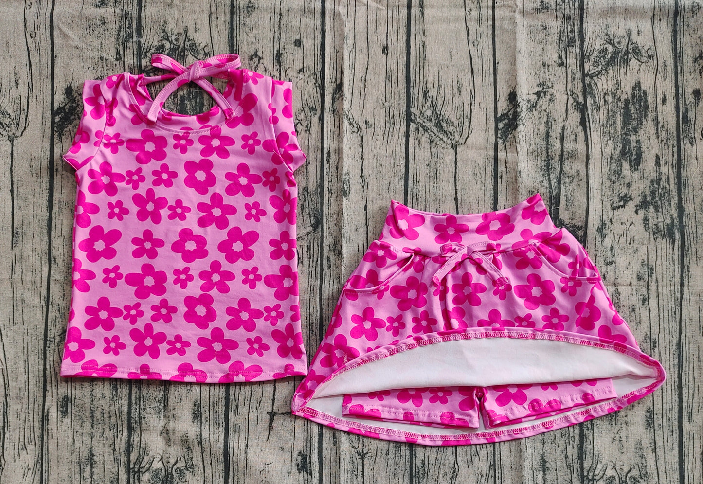 Baby Girls Sleeveless Hot Pink Flowers Top Pockets Short Skirts Sets