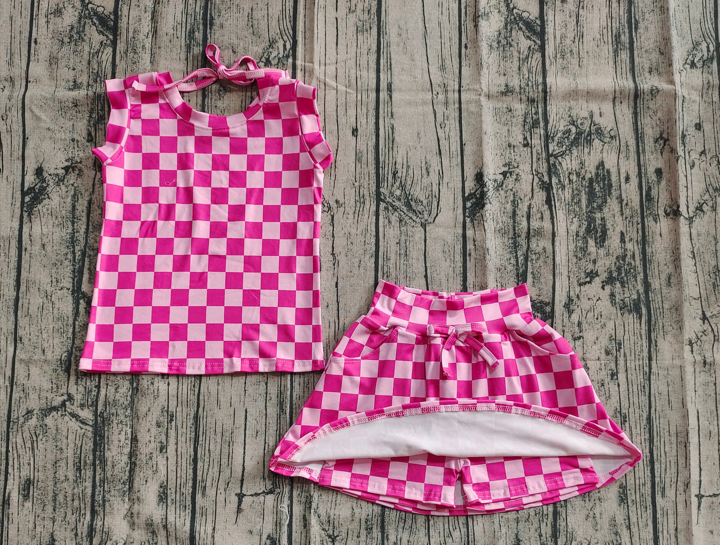 Baby Girls Sleeveless Pink Plaid Top Pockets Short Skirts Sets