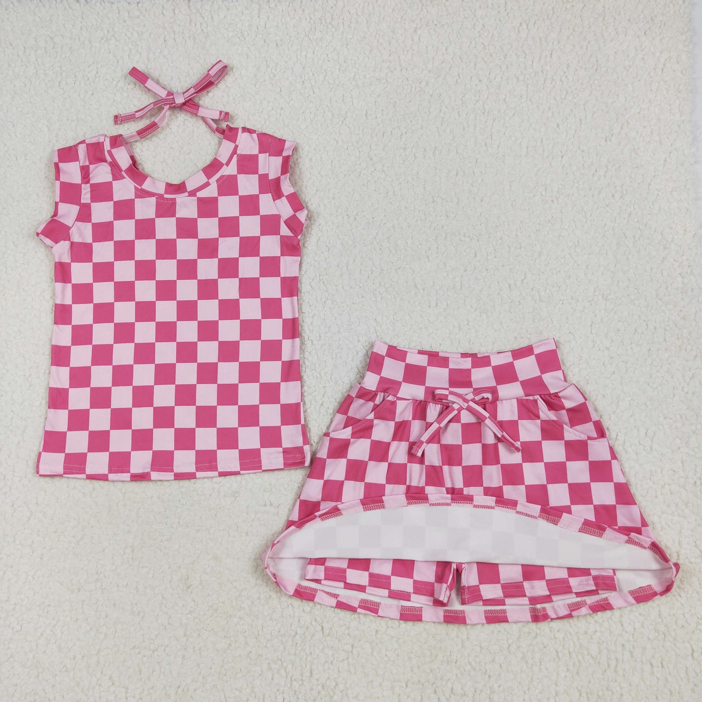 Sibling Baby Girls Pink Sleeveless Flowers Plaid Shirts Top Skorts Clothes Sets