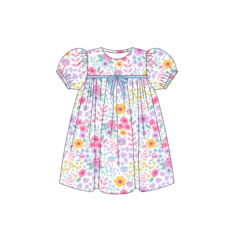 Preorder moq 5 Baby Girls Short Ruffle Sleeves Pink Lavender Floral Bow Knee Length Dresses