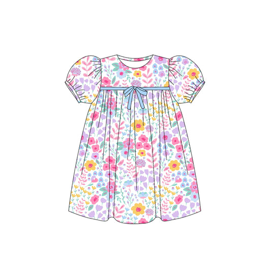 Preorder moq 5 Baby Girls Short Ruffle Sleeves Pink Lavender Floral Bow Knee Length Dresses