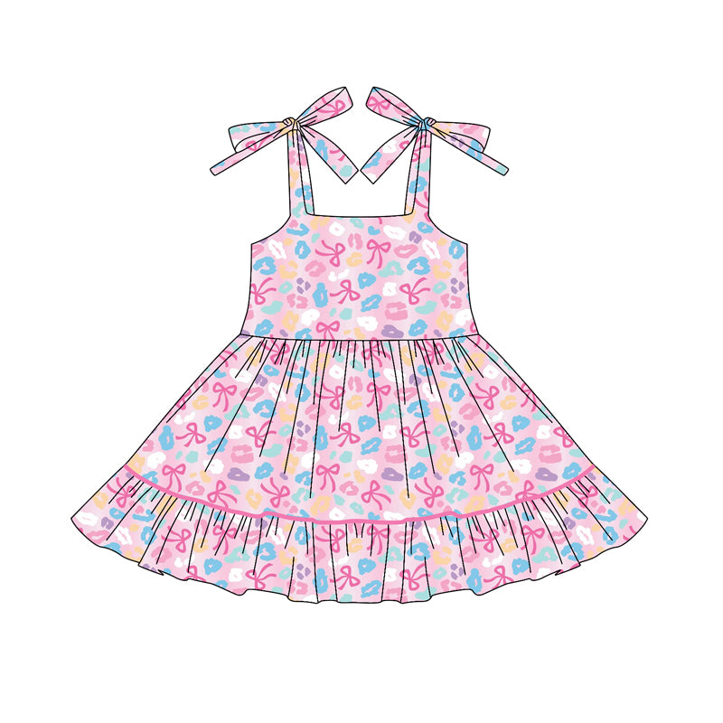 Baby Girls Pink Strap Bows Leopard Ruffle Knee Length Dresses Preorder
