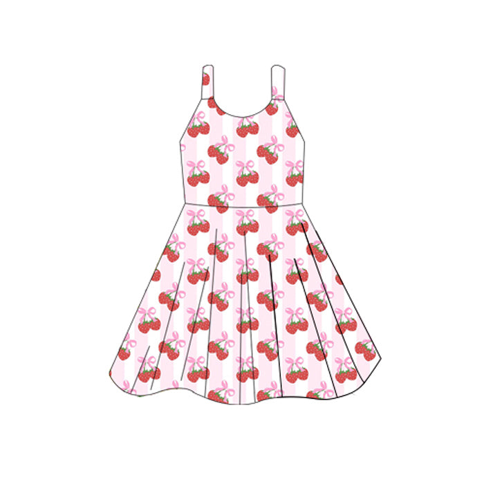 Baby Girls Sleeveless Pink Stripe Bows Strawberry Knee Length Dresses Preorder