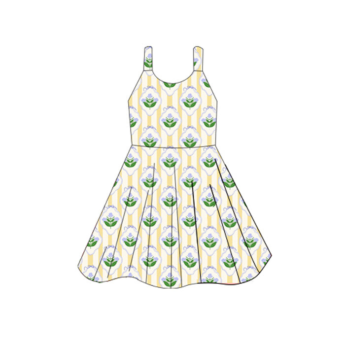 Preorder moq 5 Baby Girls Sleeveless Yellow Stripe Green Flowers Knee Length Dresses