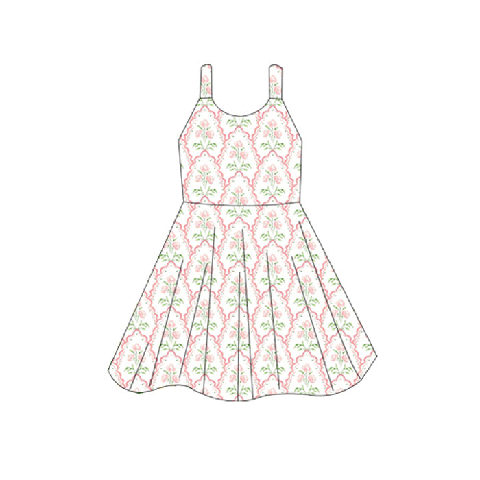 Baby Girls Sleeveless Pink Flowers Plaid Knee Length Dresses Preorder