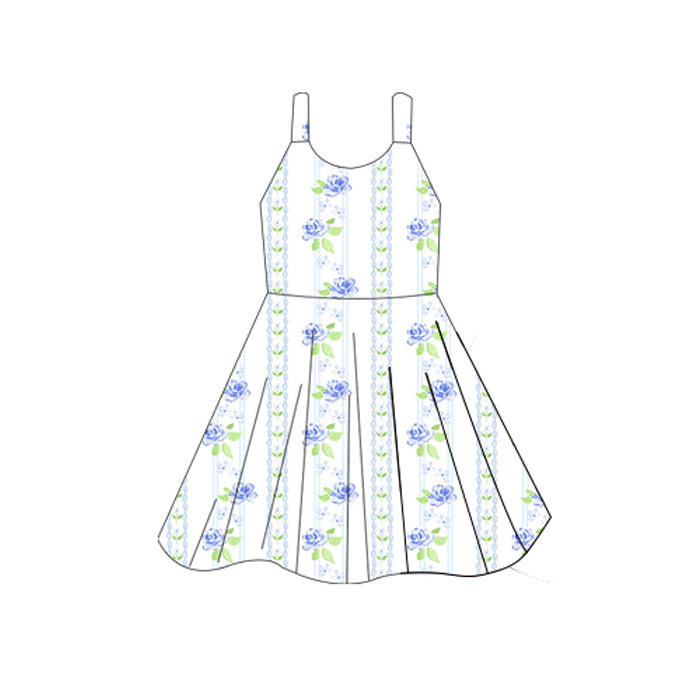 Baby Girls Sleeveless Blue Flowers Stripes Knee Length Dresses Preorder