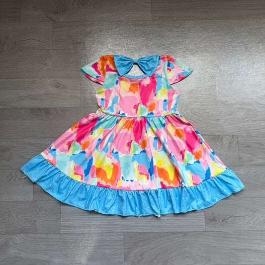 Baby Girls Short Sleeves Watercolor Camo Pockets Ruffle Knee Length Dresses Preorder