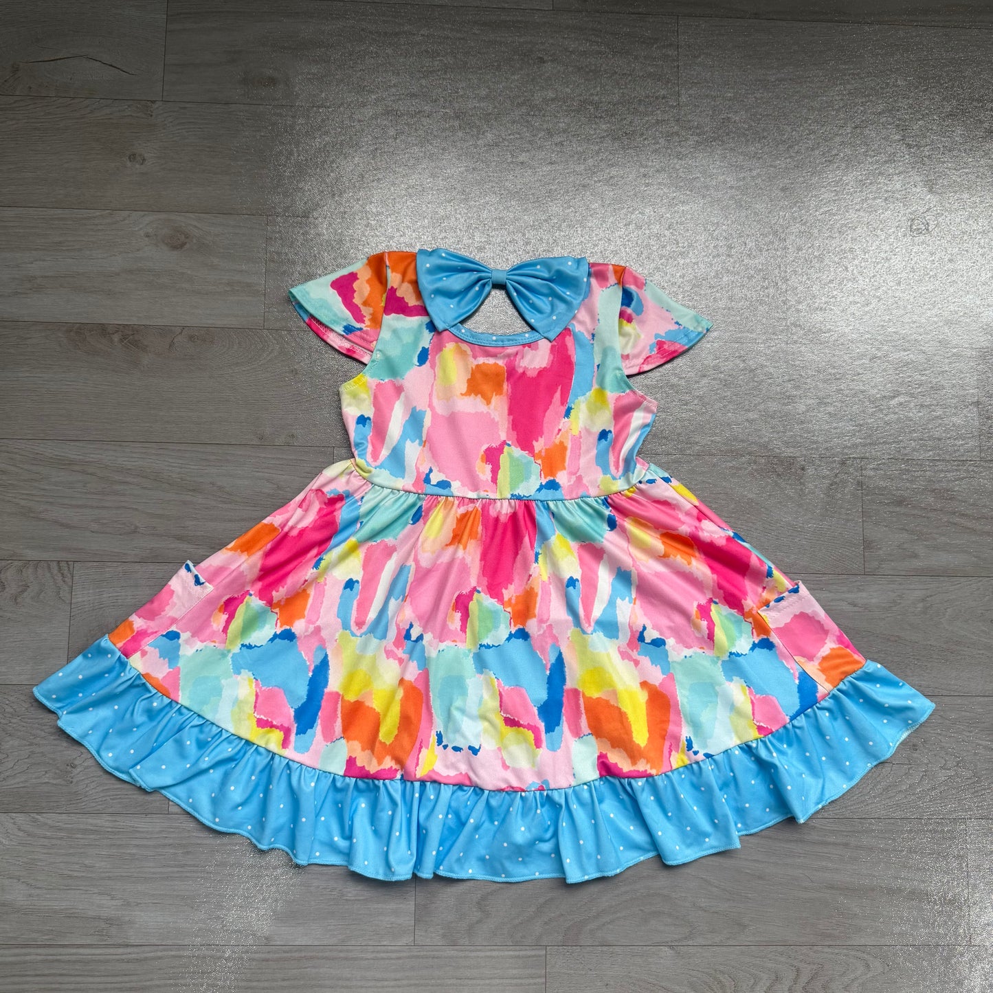 Baby Girls Short Sleeves Watercolor Camo Pockets Ruffle Knee Length Dresses Preorder
