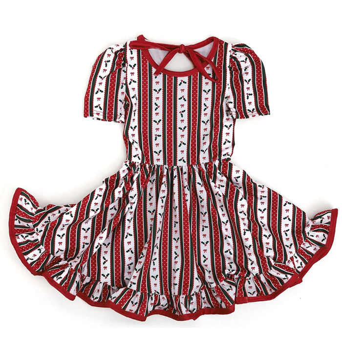 Baby Girls Short Sleeves Red Black Bows Stripes Ruffle Knee Length Dresses Preorder