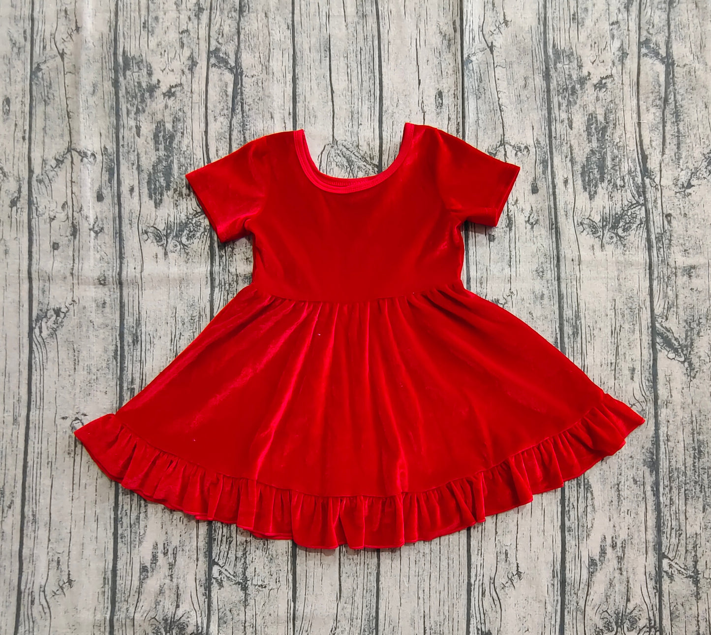 Baby Girls Short Sleeves Red Velvet Ruffle Knee Length Dresses