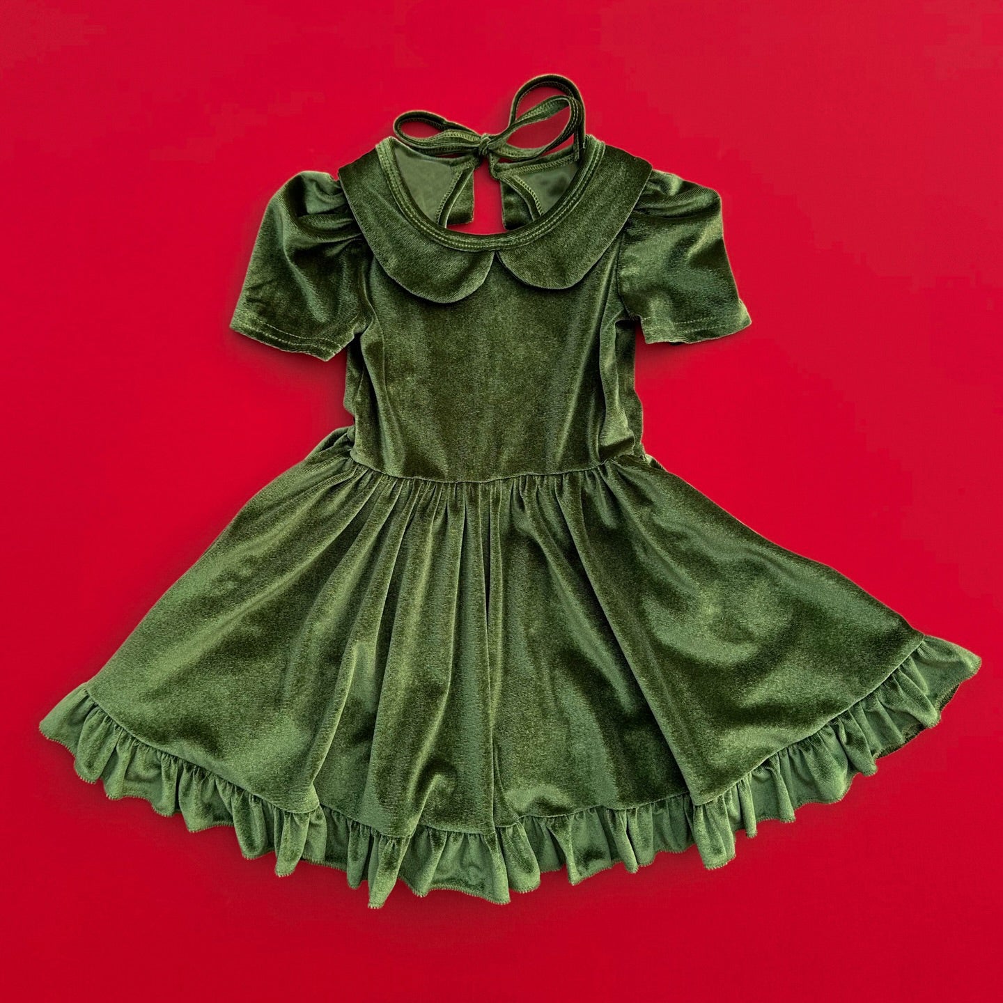 Baby Girls Short Sleeves Green Velvet Ruffle Knee Length Dresses Preorder