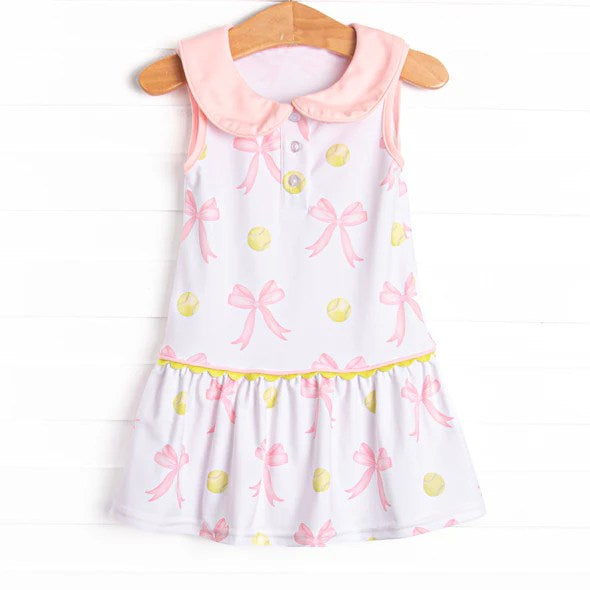 Preorder moq 5 Baby Girls Sleeveless Button Pink Bows Baseballs Knee Length Dresses
