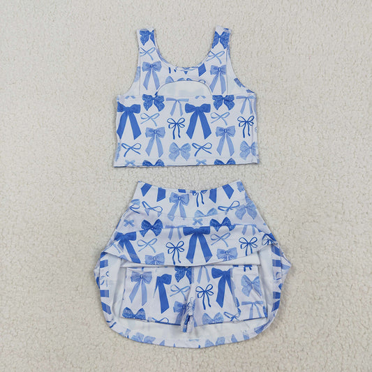 Baby Girls Sleeveless Blue Bows Vest Top Short Skirts Yoga Sets