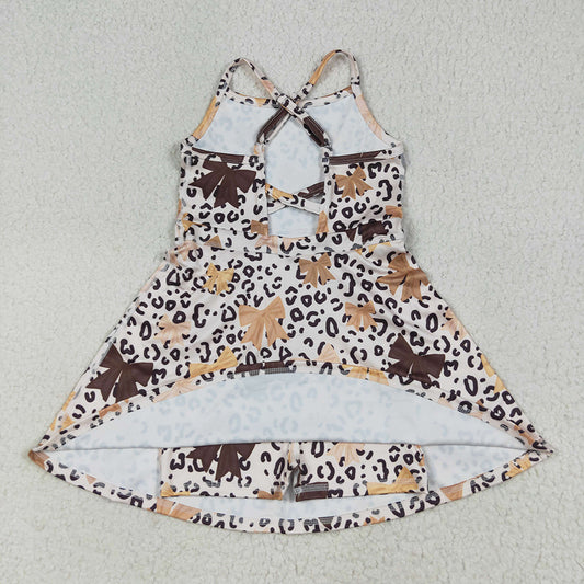 Baby Girls Strap Brown Bows Leopard Shorts Knee Length Dresses