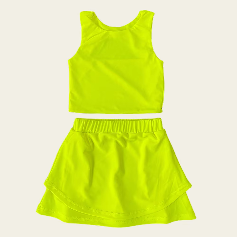 Preorder moq 5 Baby Girls Sleeveless Light Yellow Vest Top Short Skirts Set
