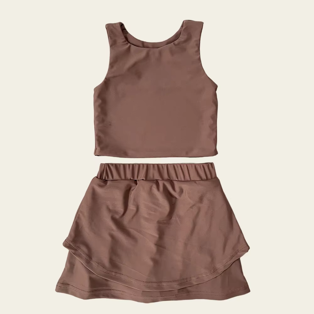 Baby Girls Sleeveless Dark Brown Vest Top Short Skirts Yoga Set Preorder