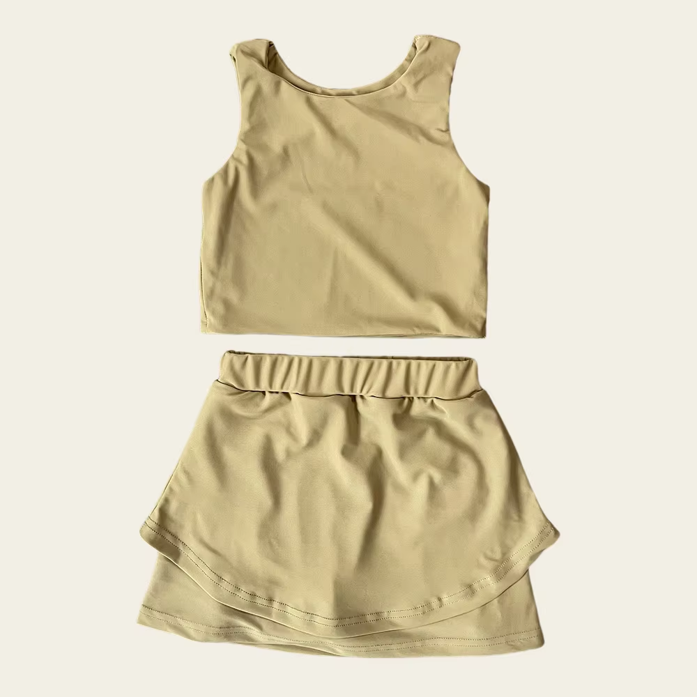 Preorder moq 5 Baby Girls Sleeveless Khaki Vest Top Short Skirts Yoga Set