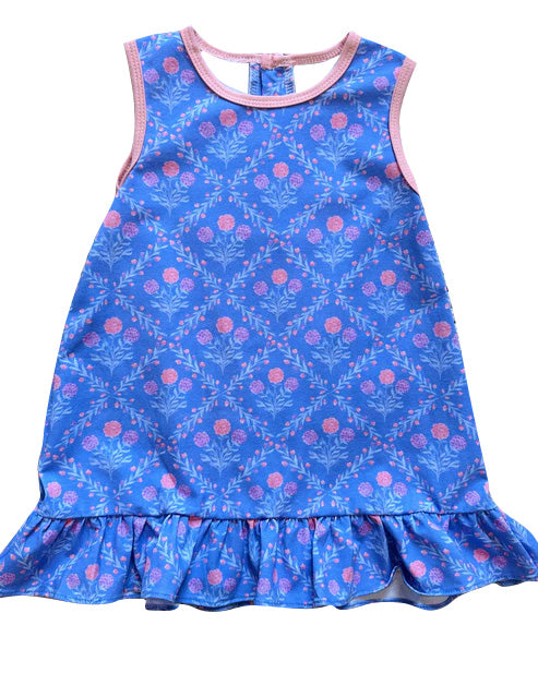Baby Girls Sleeveless Hot Blue Floral Plaid Ruffle Knee Length Dresses Preorder