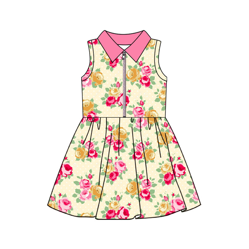 Baby Girls Sleeveless Pink Floral Zipper Yoga Short Knee Length Dresses Preorder