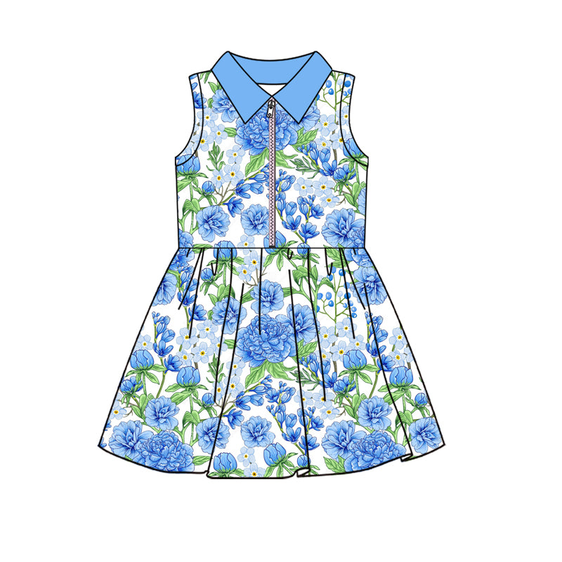 Baby Girls Sleeveless Blue Floral Zipper Yoga Short Knee Length Dresses Preorder