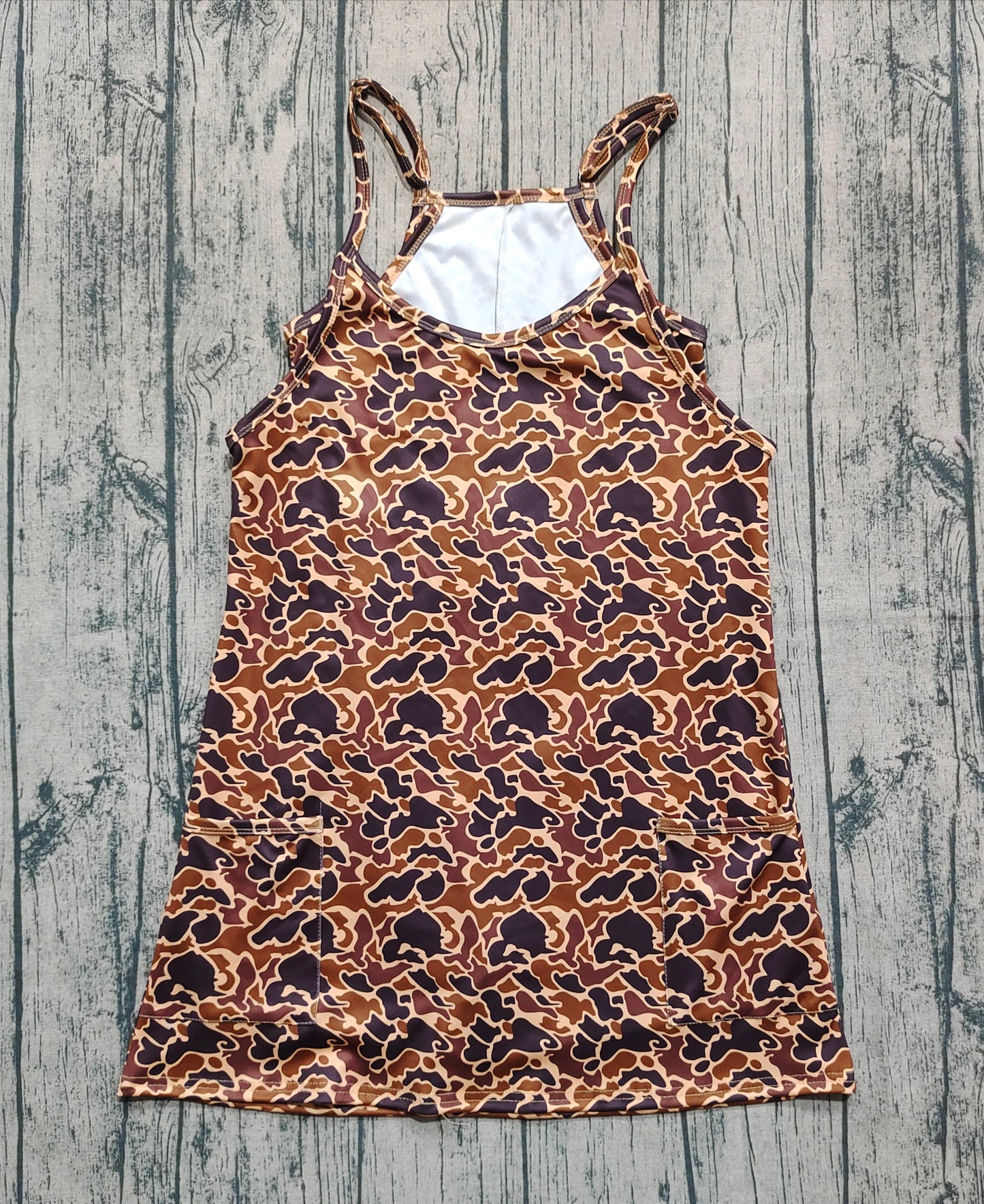 Adult Women Strap Brown Camo Pockets Yoga Active Shorts Dresses