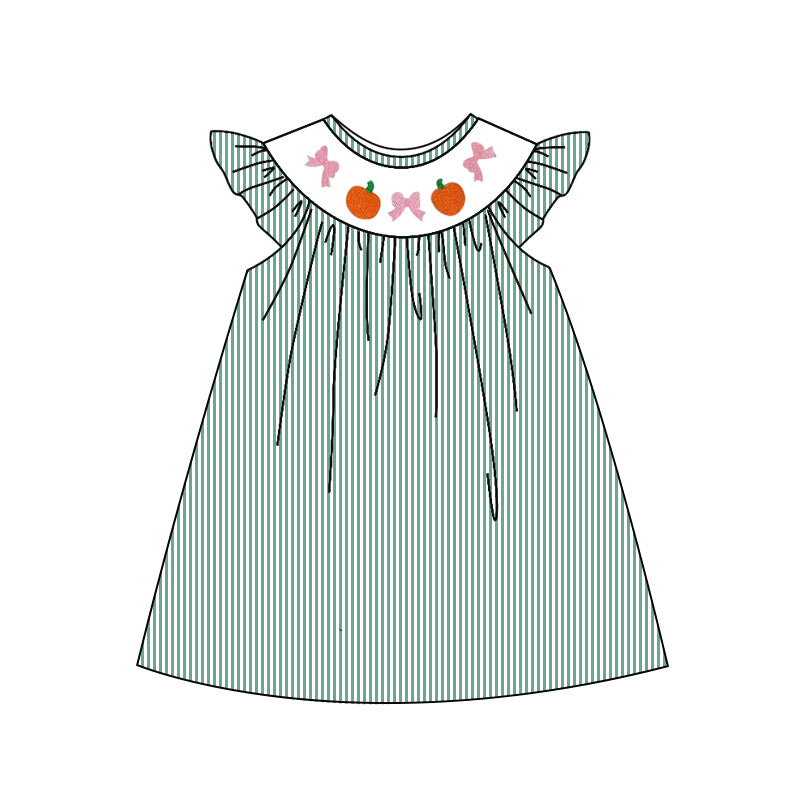 Embroidery Baby Girls Green Stripe Bows Pumpkins Fall Knee Length Dresses