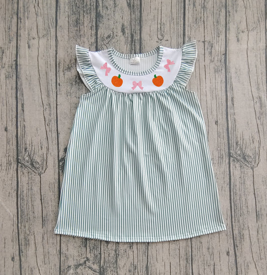 Embroidery Baby Girls Green Stripe Bows Pumpkins Fall Knee Length Dresses