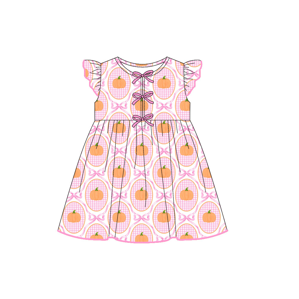 Baby Girls Pink Plaid Flutter Sleeves Bows Pumpkins Knee Length Dresses Preorder