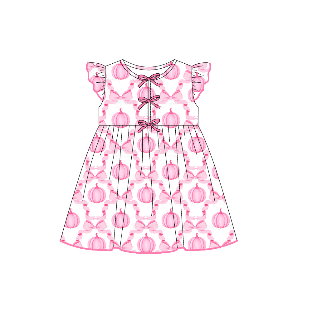 Baby Girls Flutter Sleeves Pink Bows Pumpkins Plaid Knee Length Dresses Preorder