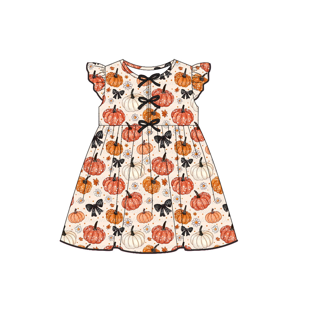 Baby Girls Flutter Sleeves Flowers Pumpkins Plaid Knee Length Dresses Preorder