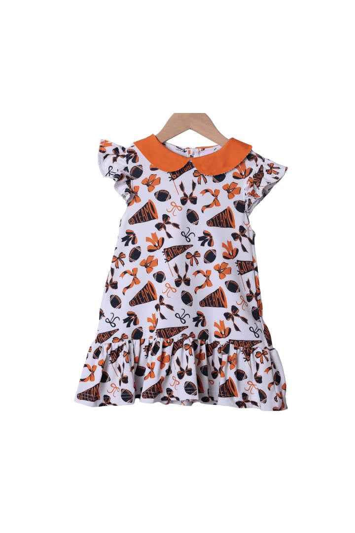 Baby Girls Orange Flutter Sleeves Cheer Bows Plaid Team Knee Length Dresses Preorder