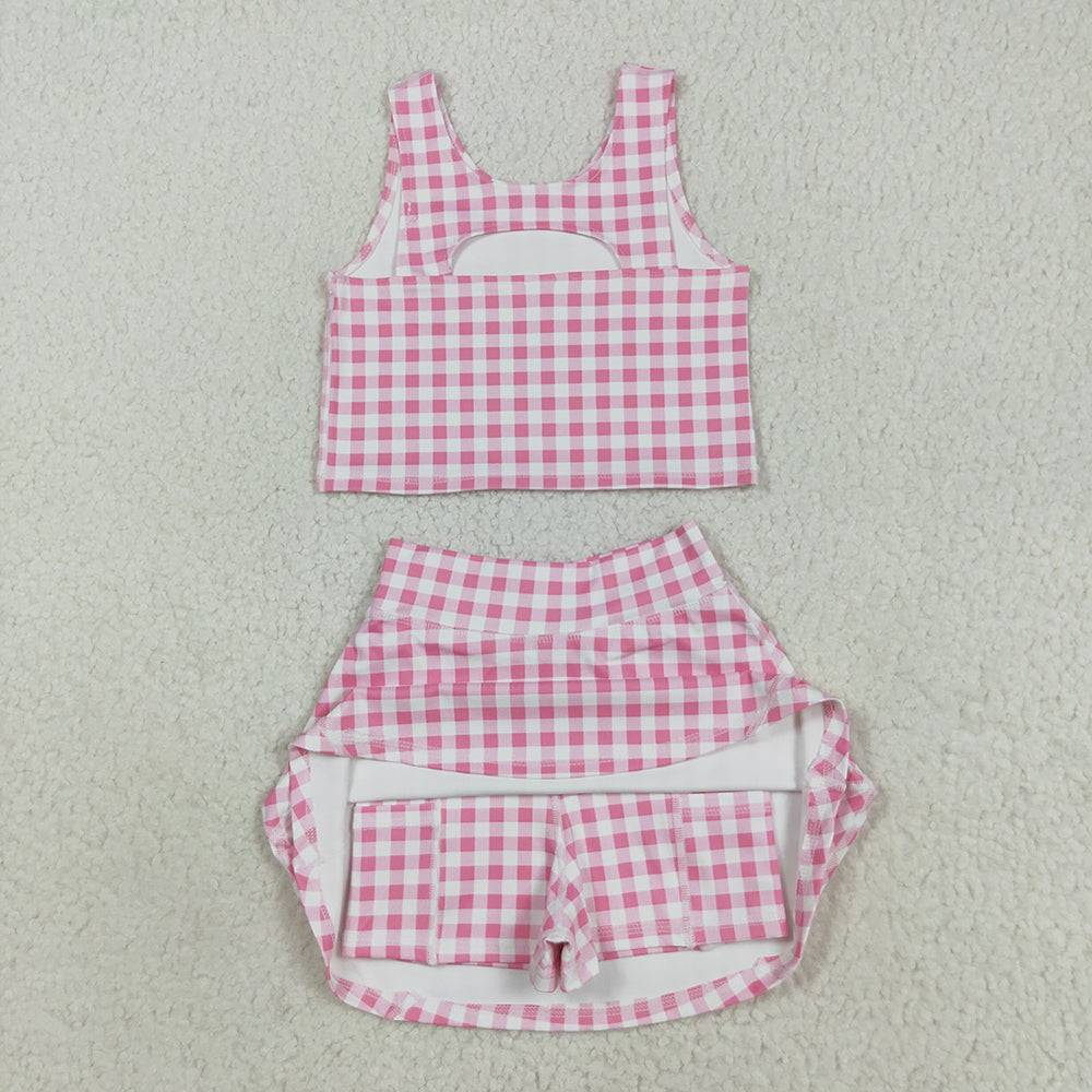Baby Girls Sleeveless Pink Checked Vest Top Skorts Yoga Activity Set