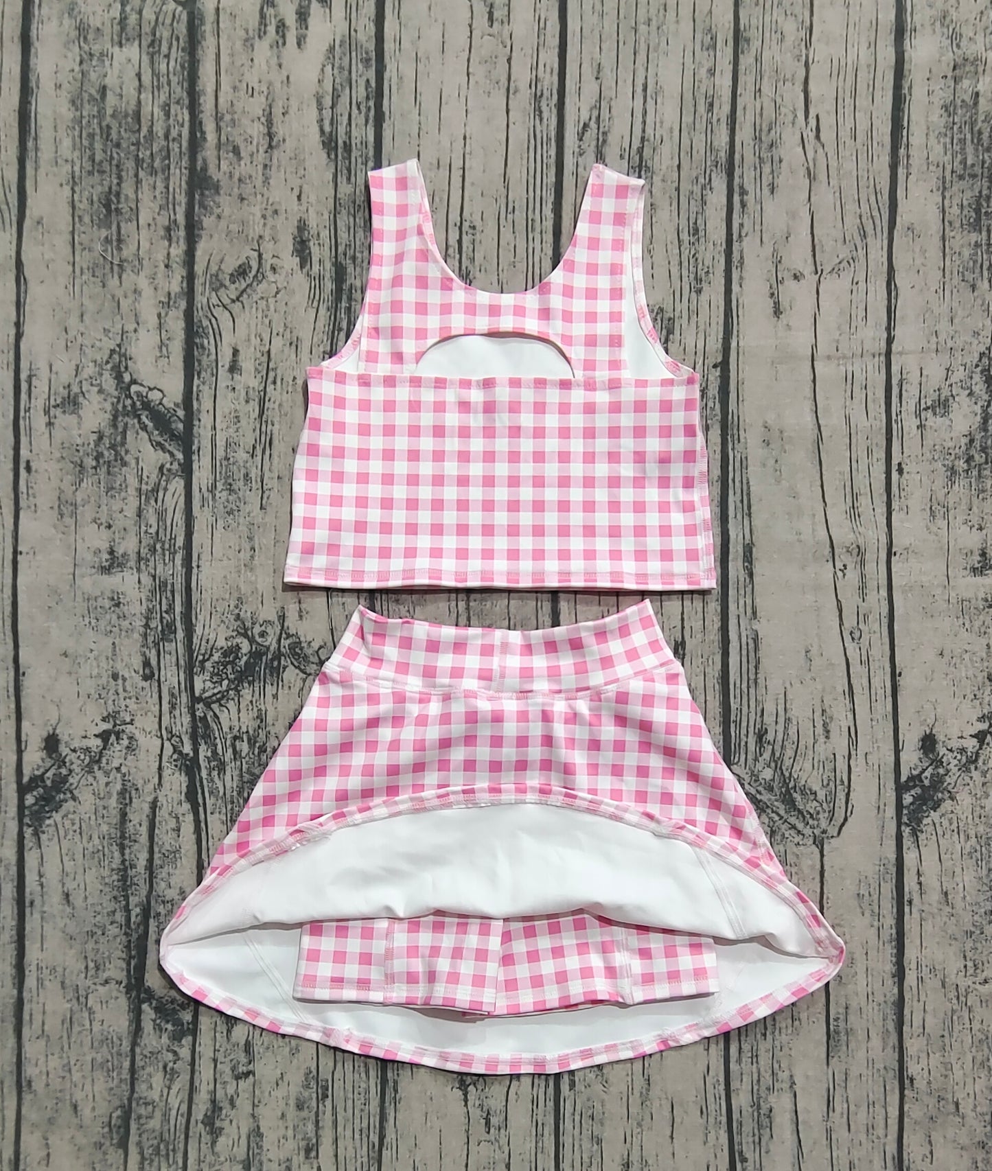 Prorder Baby Girls Summer Pink Checkered Top Skirts Clothes Sets