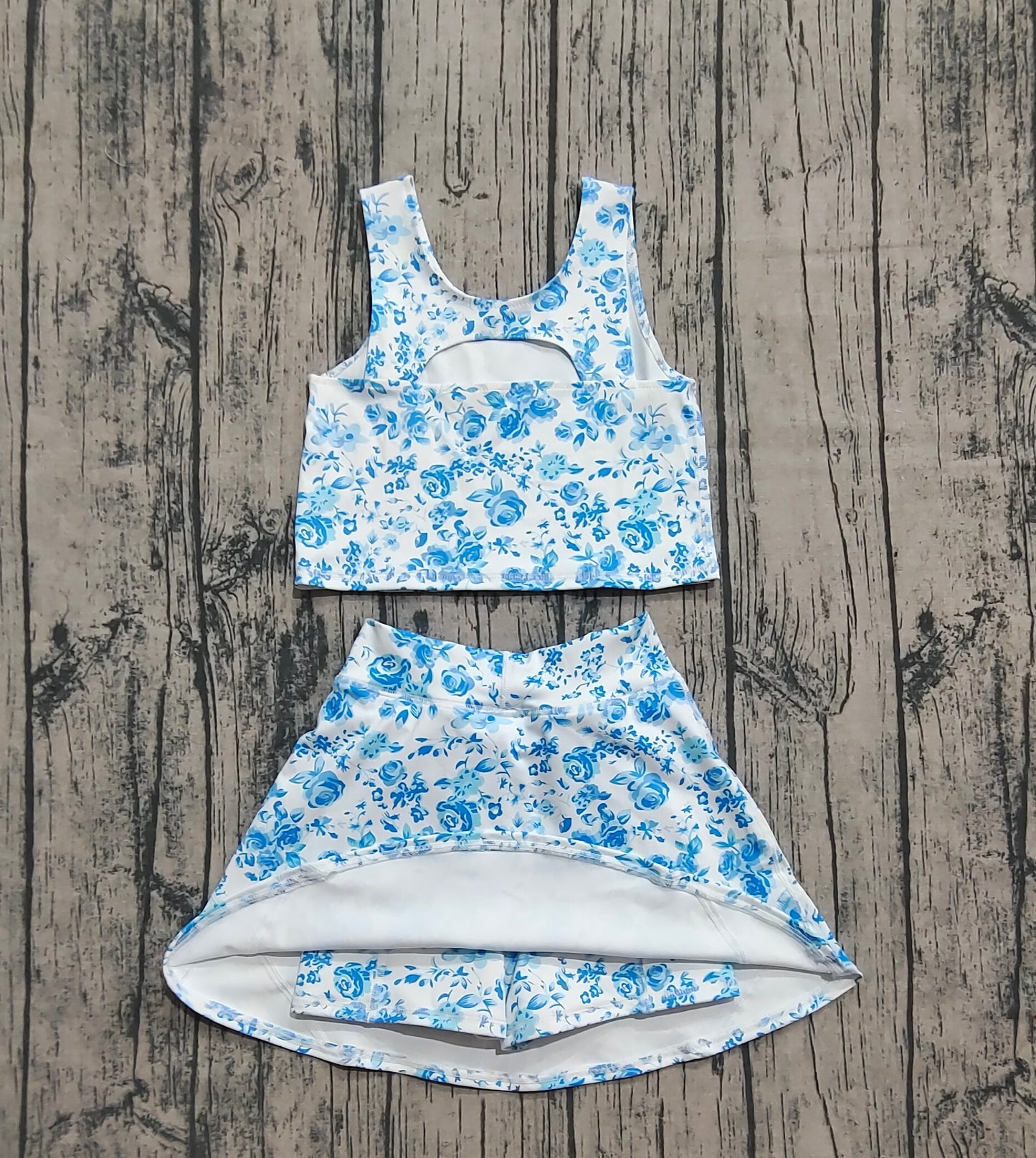 Preorder Baby Girls Summer Blue Flowers Top Skirts Active Wear Clothes Sets