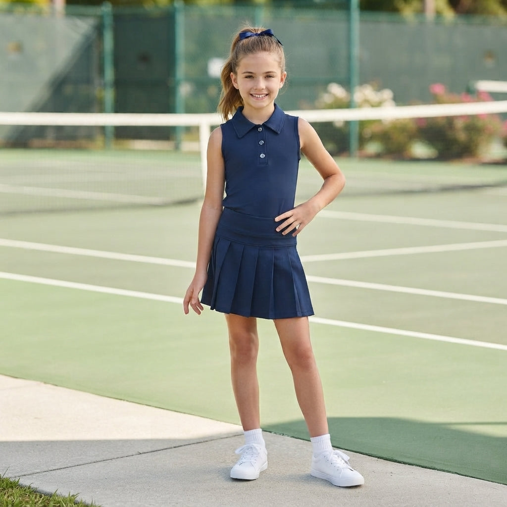 Baby Girls Navy Sleeveless Button Vest Top Pleated Skirt Shorts Yoga Active Clothes Set