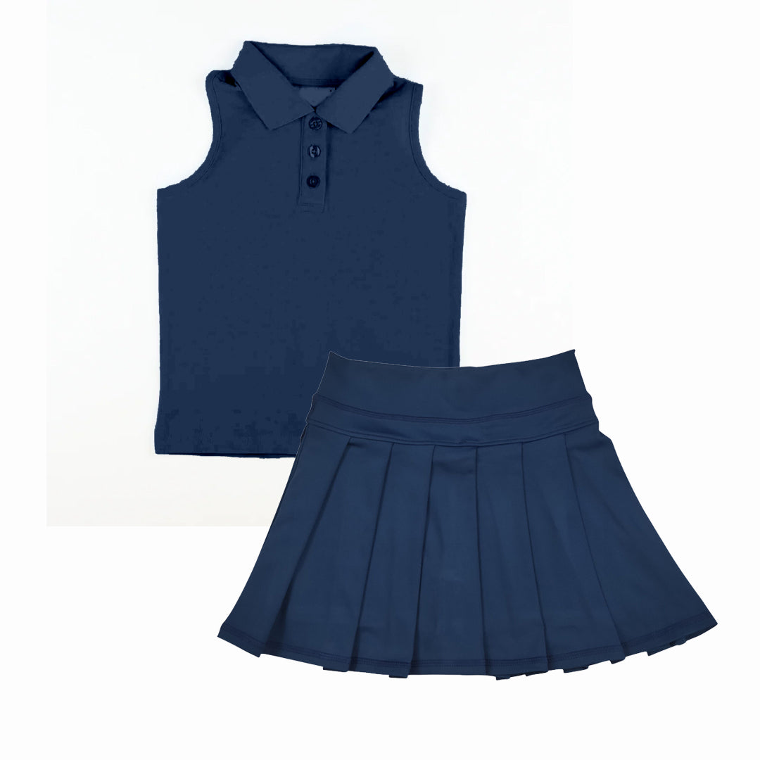 Baby Girls Navy Sleeveless Button Top Pleated Skorts Yoga Set Preorder