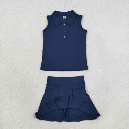 Baby Girls Navy Sleeveless Button Vest Top Pleated Skirt Shorts Yoga Active Clothes Set