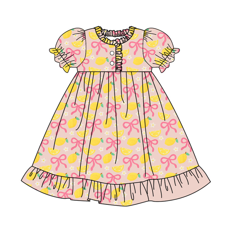 Baby Girls Bows Lemons Flowers Button Ruffle Knee Length Dresses Preorder
