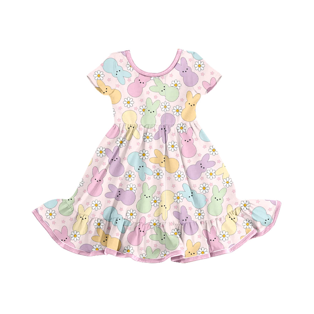 Baby Girls Colorful Rabbits Flowers Ruffle Easter Knee Length Dresses Preorder