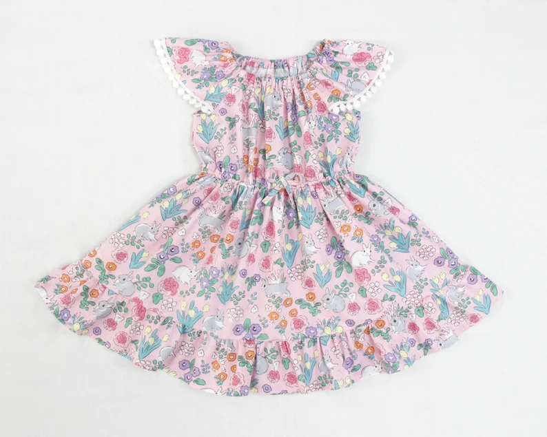 Baby Girls Pink Flowers Rabbits Easter Ruffle Knee Length Dresses Preorder