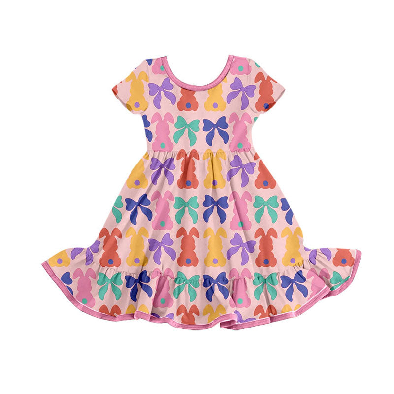 Baby Girls Colorful Bows Rabbits Easter Ruffle Knee Length Dresses Preorder