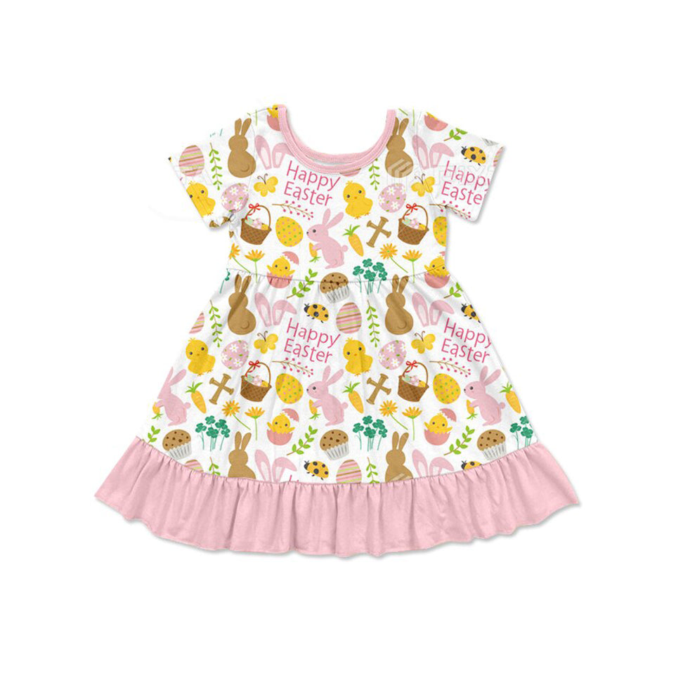 Baby Girls Flowers Rabbits Eggs Happy Easter Ruffle Knee Length Dresses Preorder