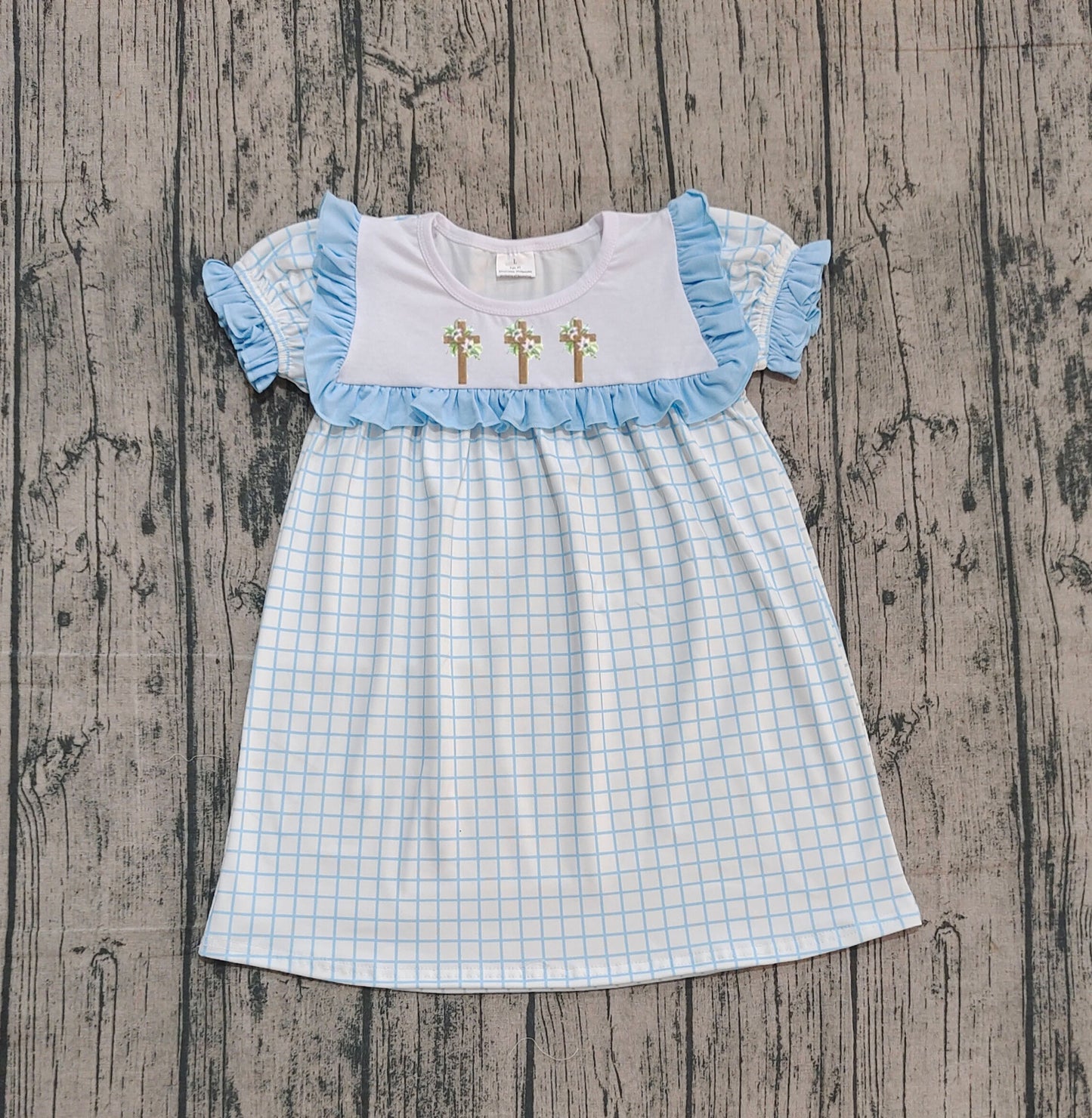 Embroidery Crosses Baby Girls Blue Checked Easter Knee Length Dresses Preorder