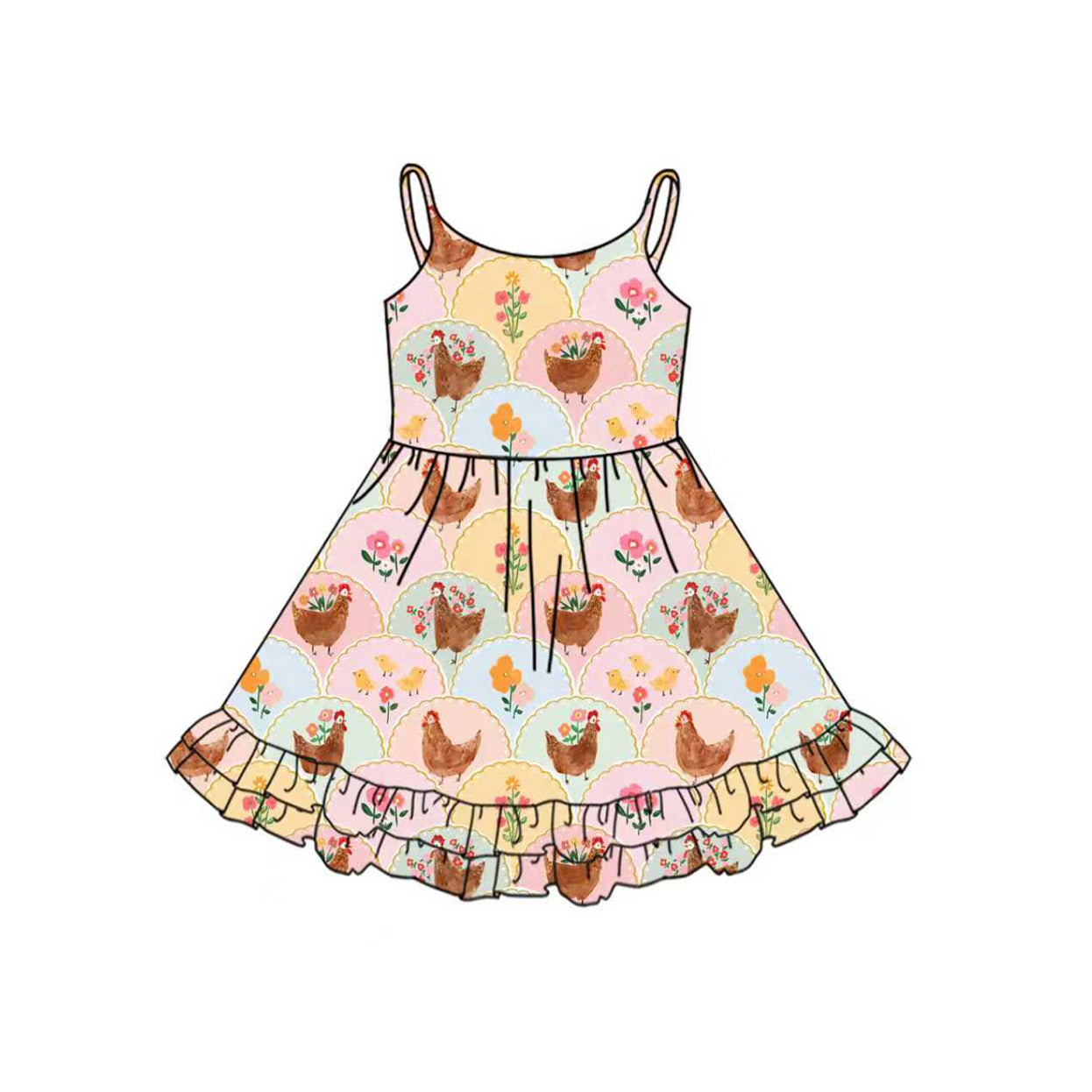Baby Girls Strap Flowers Chicks Checked Ruffle Knee Length Dresses Preorder