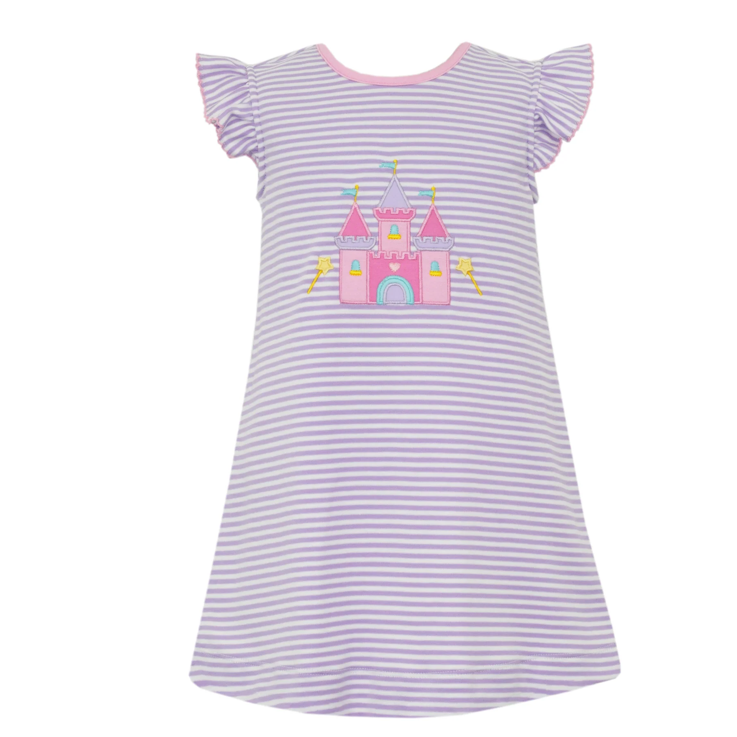 Baby Girls Flutter Sleeve Lavender Stripe Castle Knee Length Dresses Preorder
