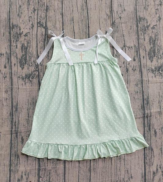 Baby Girls Green Polka Dots Cross Easter Ruffle Knee Length Dresses