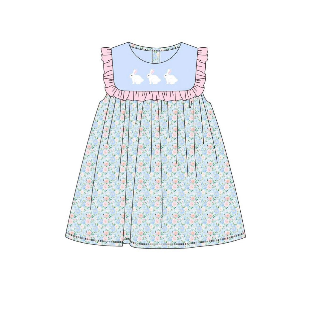 Baby Girls Blue Sleeveless Rabbits Top Floral Easter Knee Length Dresses Preorder